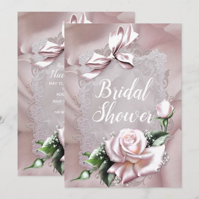 Invitation Bow en satin rose vif et Fête des mariées romantiq (Devant / Derrière)