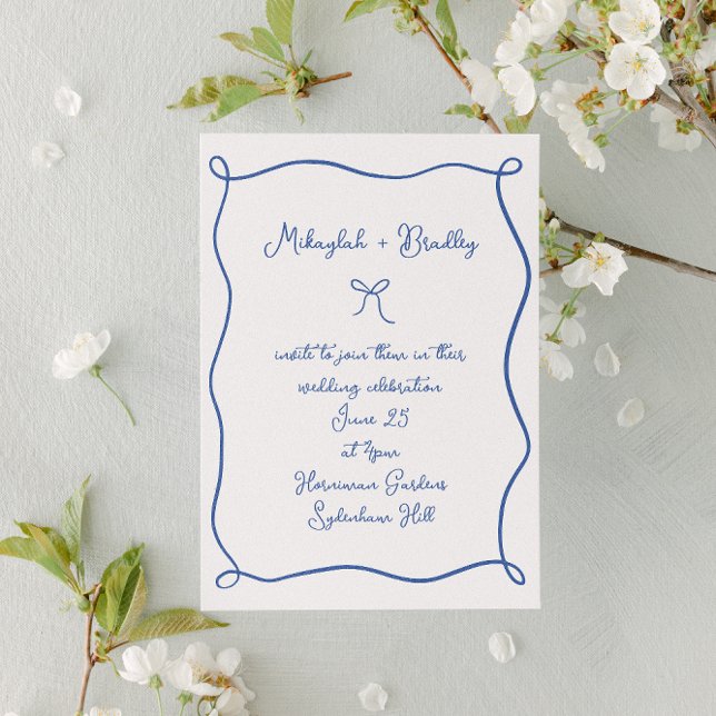 Invitation Bow et rubans Whimsical Mariage bleu français (Créateur téléchargé)