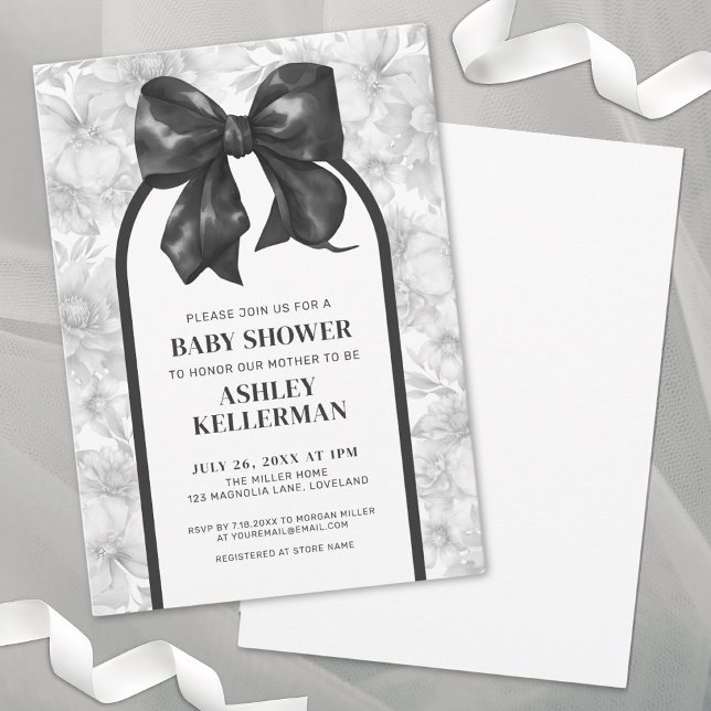 Invitation Bow floral Elégant Baby shower noir blanc (Floral Bow Elegant Black White Baby Shower Invitation)