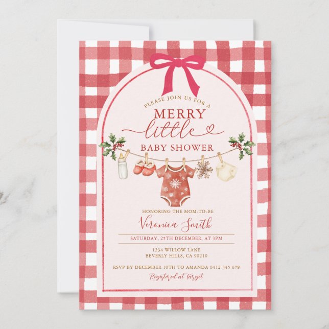 Invitation Bow Gingham Clothesline Merry Little Baby Shower (Devant)