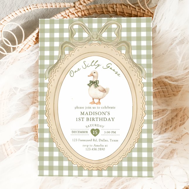 Invitation Bow Gingham One Silly Goose 1st Birthday (Créateur téléchargé)