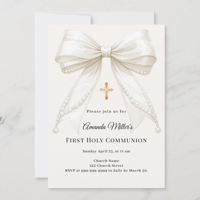 Invitation Bow ivory pearls girl elegant First Communion (Devant)