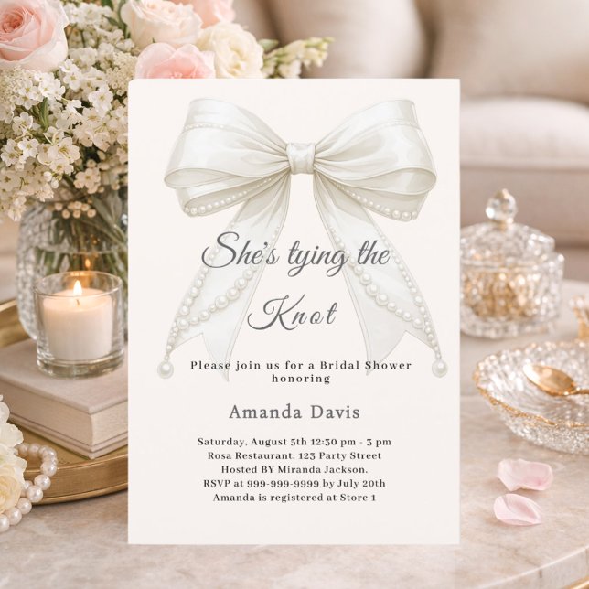 Invitation Bow ivory pearls tying the knot Bridal Shower (Créateur téléchargé)