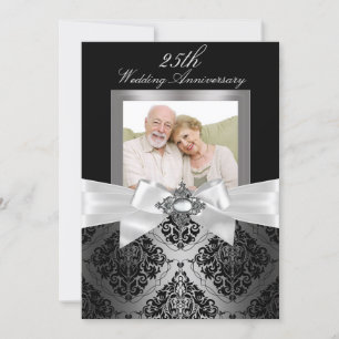 Invitation Bow noir argent et Damask 25e anniversaire Mariage