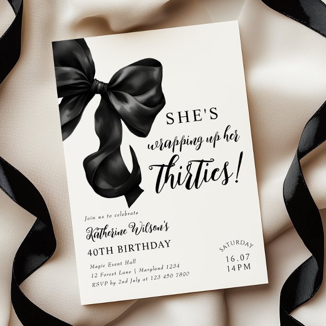 Invitation Bow noir & blanc moderne 40e anniversaire (Créateur téléchargé)