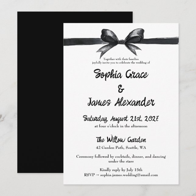 Invitation Bow noir et blanc | Mariage élégant | Monochrome (Devant / Derrière)