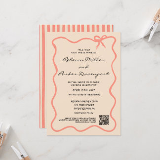Invitation Bow Painted Pinstripes Wedding QR Code