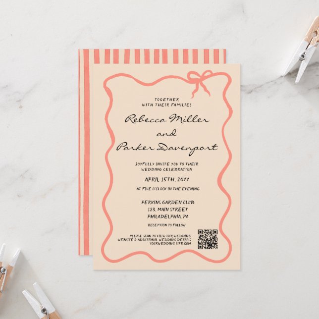 Invitation Bow Painted Pinstripes Wedding QR Code (Devant/Arrière en situation)