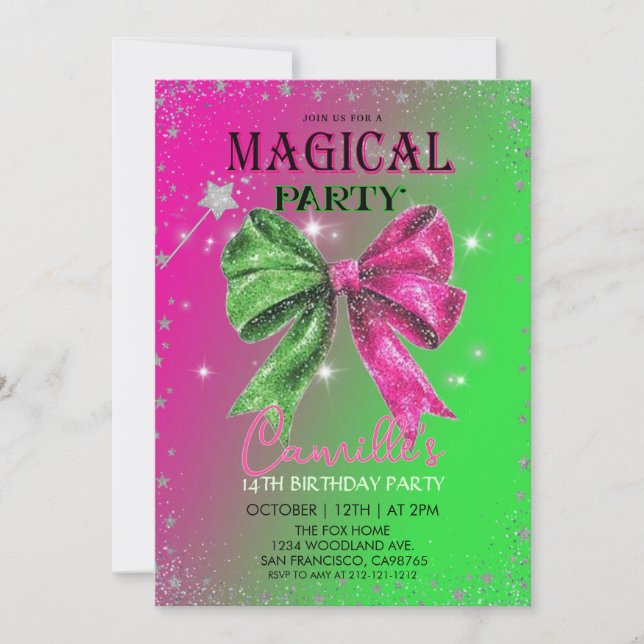 Invitation  Bow pink & green magical Birthday Party  (Devant)
