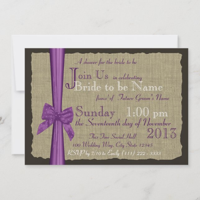 Invitation Bow pourpre et Fête des mariées Burlap (Devant)
