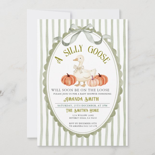 Invitation Bow Preppy Sage Fall Silly Goose Baby shower (Devant)