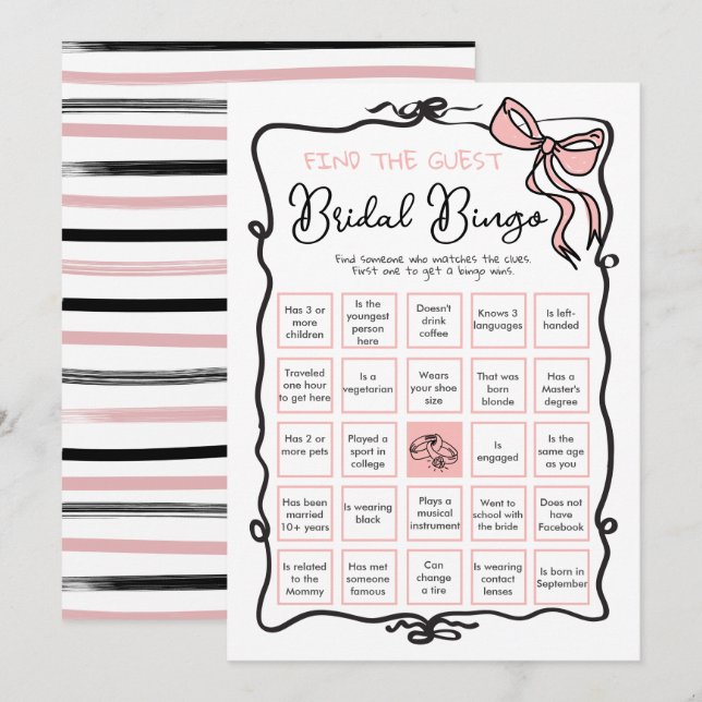 Invitation Bow Ribbon Fête des mariées Trouvez l'invité BINGO (Devant / Derrière)