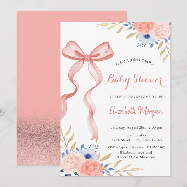 Invitation Bow Ribbon Flowers Bokeh Baby shower (Devant / Derrière)