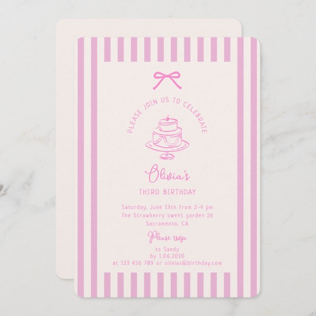 Invitation Bow rose, Barré rose | Anniversaire pourpre (Devant / Derrière)