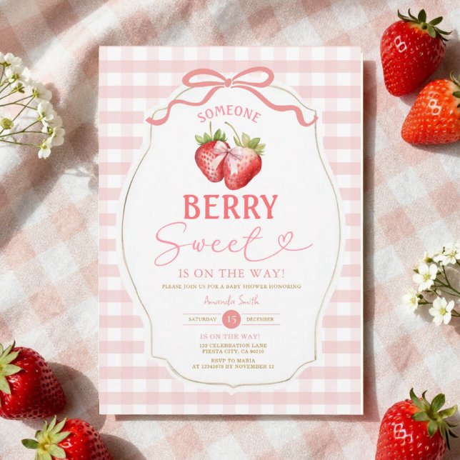Invitation Bow rose En vichy Baby shower aux fraises (Créateur téléchargé)