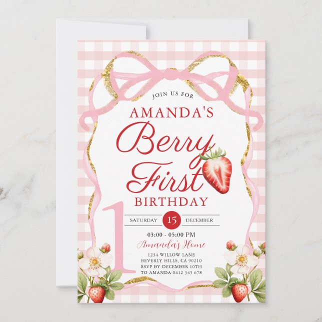 Invitation Bow rose En vichy Berry Premier Anniversaire de fr (Devant)