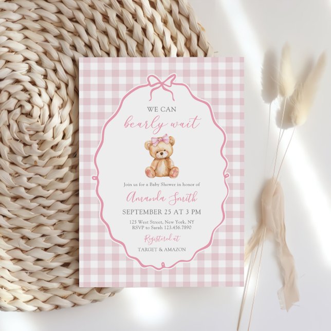 Invitation Bow rose En vichy Teddy Bear Baby shower (Créateur téléchargé)