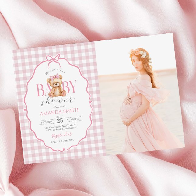 Invitation Bow rose En vichy Teddy Bear Baby shower Photo (Créateur téléchargé)