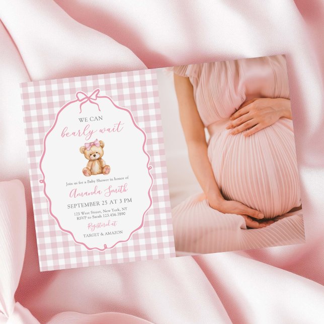 Invitation Bow rose En vichy Teddy Bear Baby shower Photo (Créateur téléchargé)