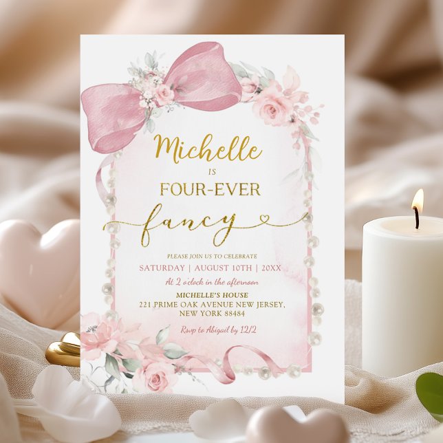 Invitation Bow rose floral Quatre fois fantaisie 4e anniversa (Créateur téléchargé)
