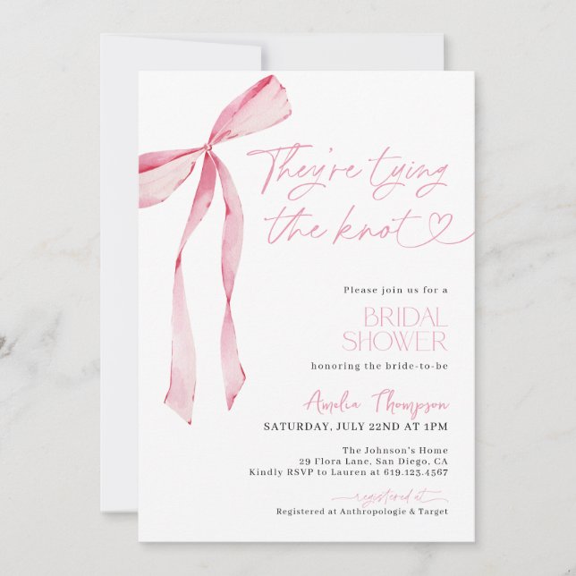 Invitation Bow rose pâle, nouer la Fête des mariées de noeud (Devant)