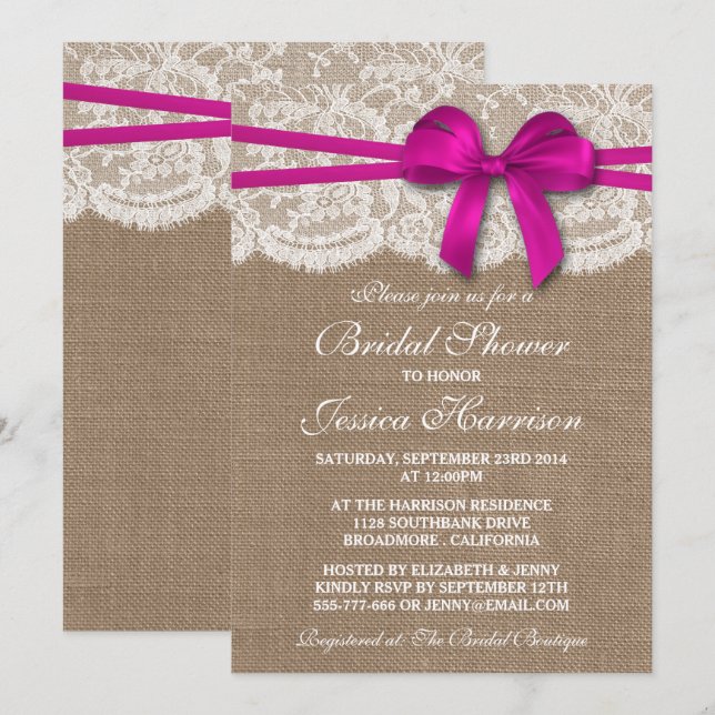 Invitation Bow rose rustique, Fête des mariées Burlap & dente (Devant / Derrière)