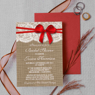 Invitation Bow rouge rustique, Fête des mariées Burlap & dent