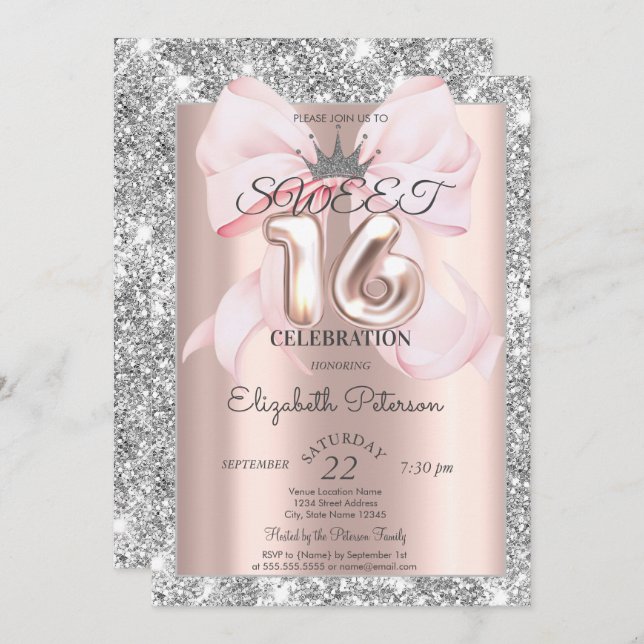 Invitation Bow,Tiara,Rose Gold Silver Glitter Sweet 16  (Devant / Derrière)