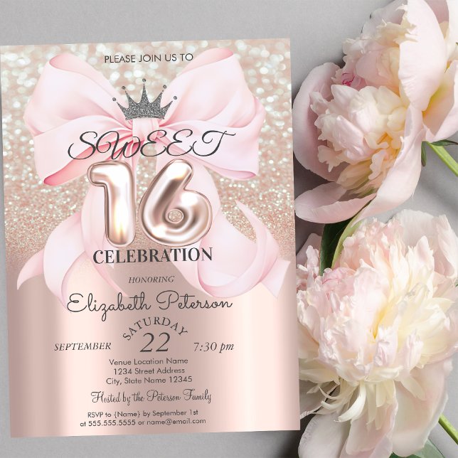 Invitation Bow,Tiara,Rose Gold Sweet 16 Glitter Bokeh (Créateur téléchargé)