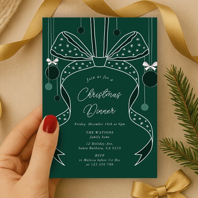 Invitation Bow vert unique et rubans Élégante fête de Noël (elegant bow and ribbon Christmas party invitation green and white)