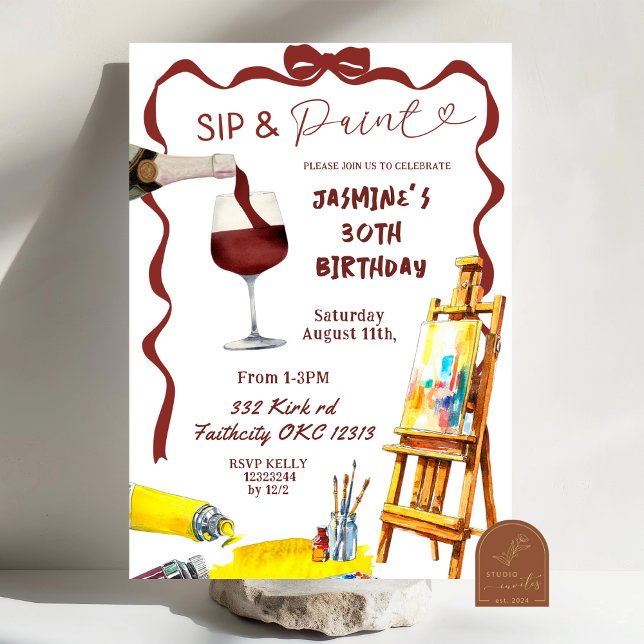 Invitation Bow Wine Sip et Paint Anniversaire (Créateur téléchargé)