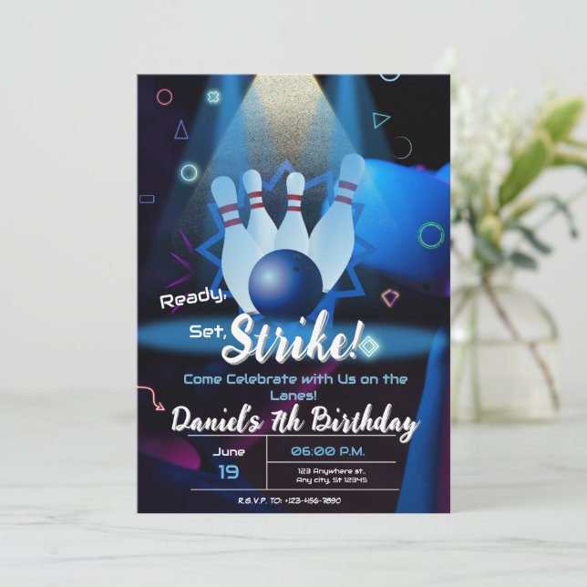 Invitation Bowling Anniversaire Fête Retro Neon (Debout devant)