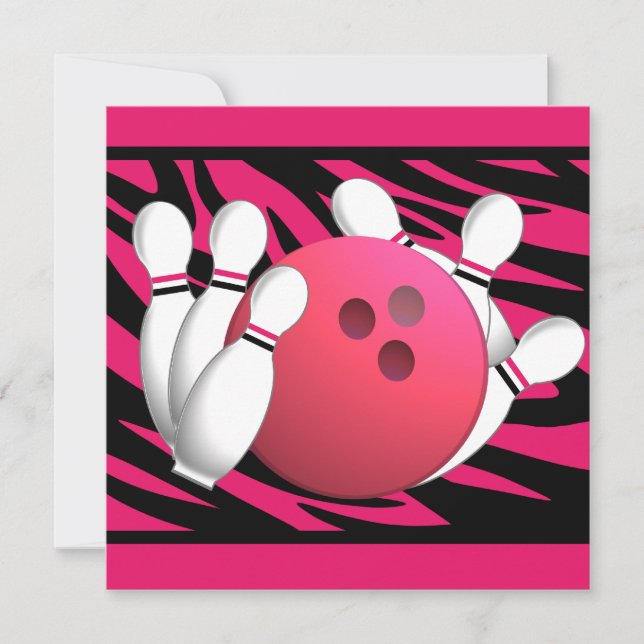 Invitation Bowling Anniversaire Neon rose et Zebra Stripes (Devant)