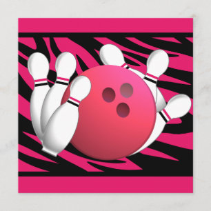 Invitation Bowling Anniversaire Neon rose et Zebra Stripes
