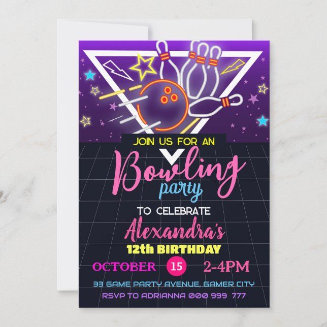 Invitation Bowling Anniversaire Party, Strike Neon Party (Devant)