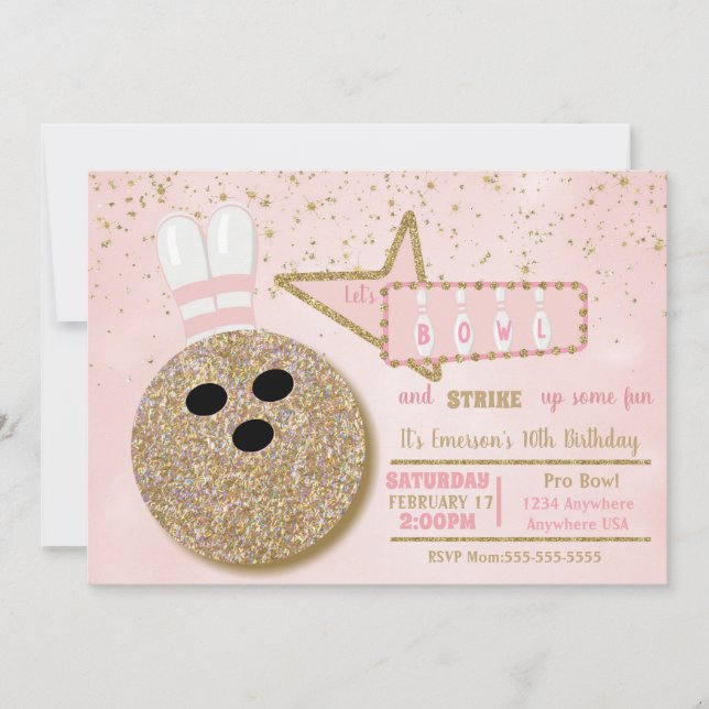 Invitation Bowling, Anniversaire rose parties scintillant (Devant)