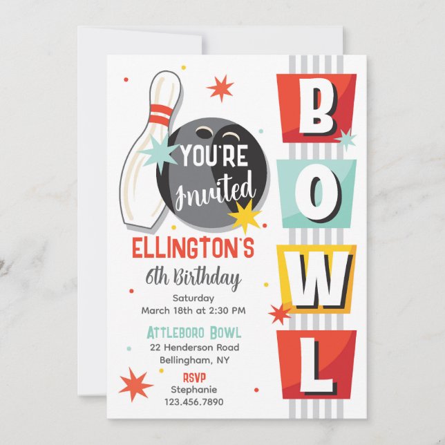 Invitation Bowling Birthday Party Retro (Devant)