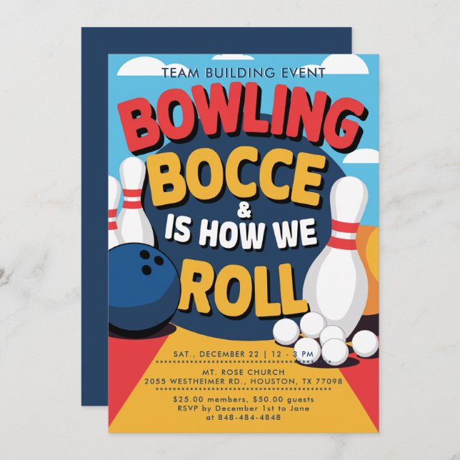 Invitation Bowling Bocce Team Building Church Business Bold (Devant / Derrière)