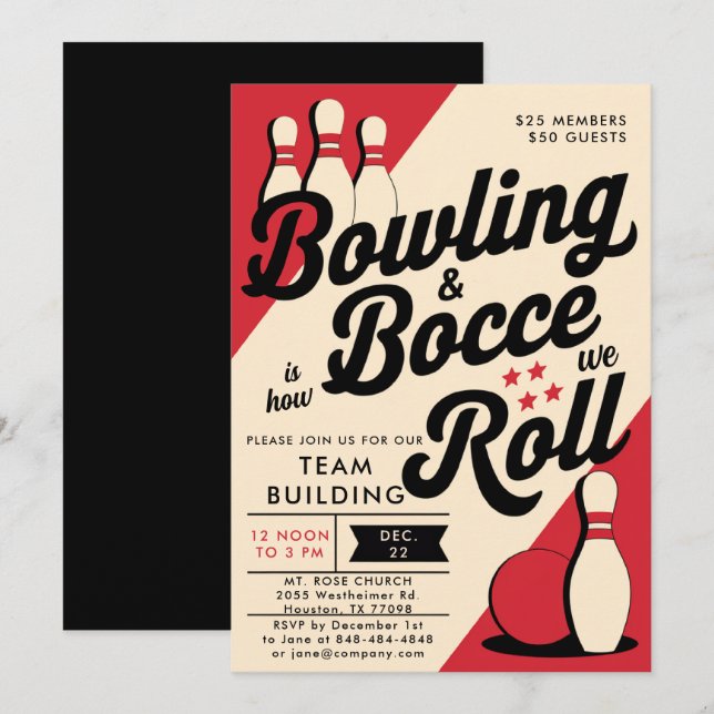 Invitation Bowling Bocce Team Community Church Business Red (Devant / Derrière)