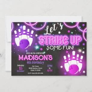 Invitation Bowling Fille Néon Lumineux Fête d'anni