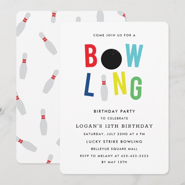 Invitation Bowling Fun Fun Fête d'anniversaire de l'enfant In (Devant / Derrière)