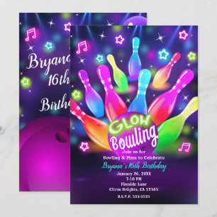 Invitation Bowling Glow in the Dark Fête d'anniversaire avec 