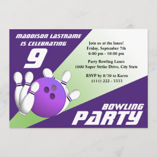 Invitation Bowling Party Anniversaire violet et vert