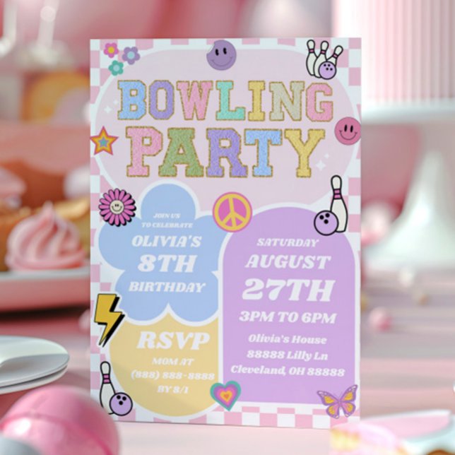 Invitation Bowling Party Preppy Varsity Patch Anniversaire fê (Créateur téléchargé)