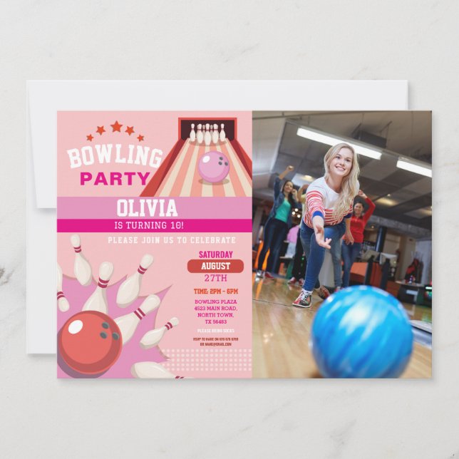 Invitation Bowling Photo Strike Amusants Bowl Rose Girls Anni (Devant)