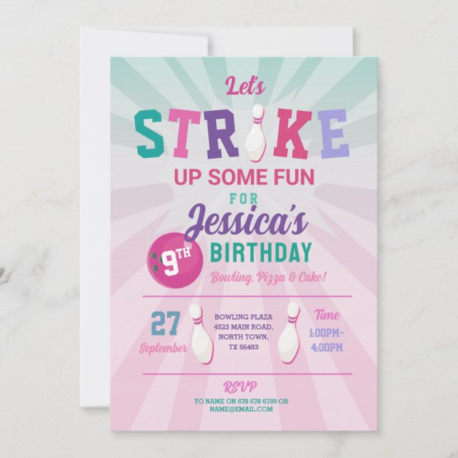 Invitation Bowling Pink Strike Amusants Bowl Girls Anniversai (Devant)