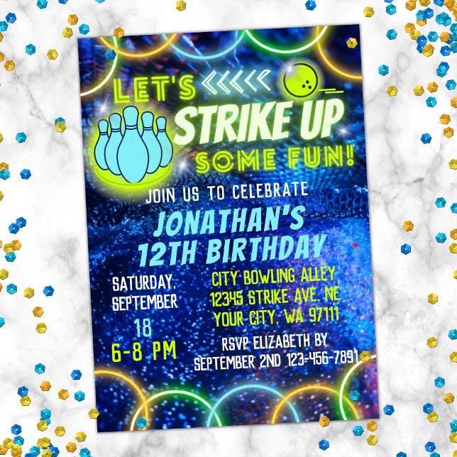 Invitation Bowling Striup Amusant Neon Glow Blue Boys Anniver (Créateur téléchargé)