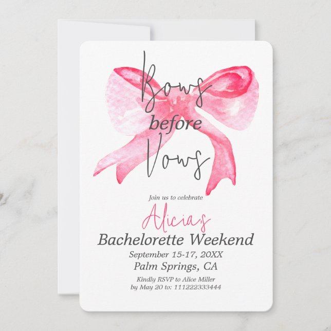Invitation Bows élégants avant Vows Pink Bachelorette Party (Devant)