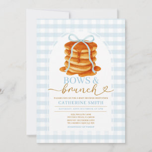 Invitation Bows et Brunch Pancake Baby shower bleu En vichy