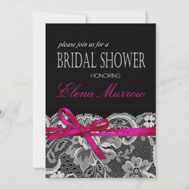 Invitation Bows Ribbon & Lace Fête de l'mariée noir fuschia (Devant)